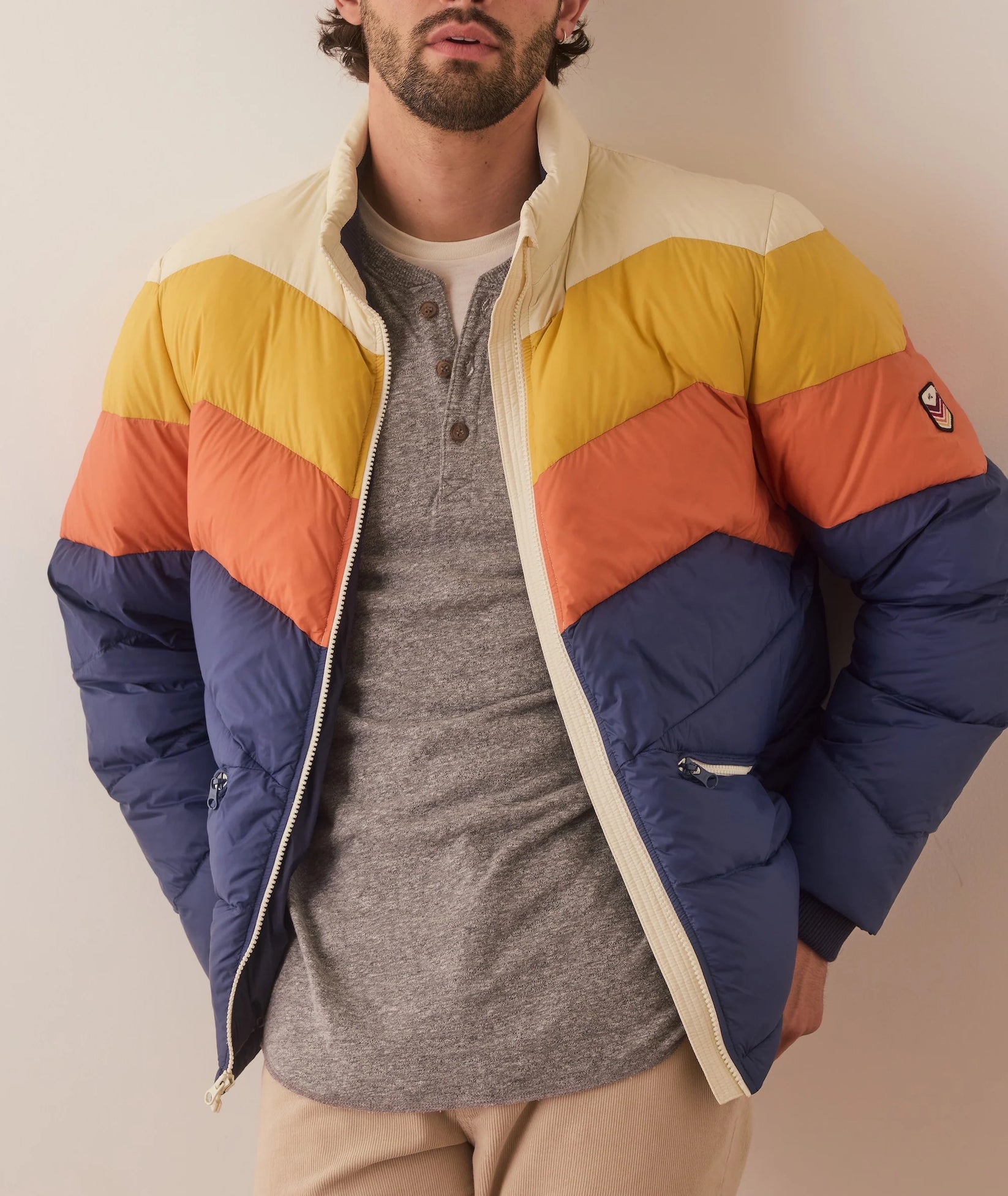 MARINE LAYER COLORBLOCK PUFFER JACKET IN BLUE/ORANGE COLORBLOCK in BLUE/ORANGE COLORBLOCK — view 3
