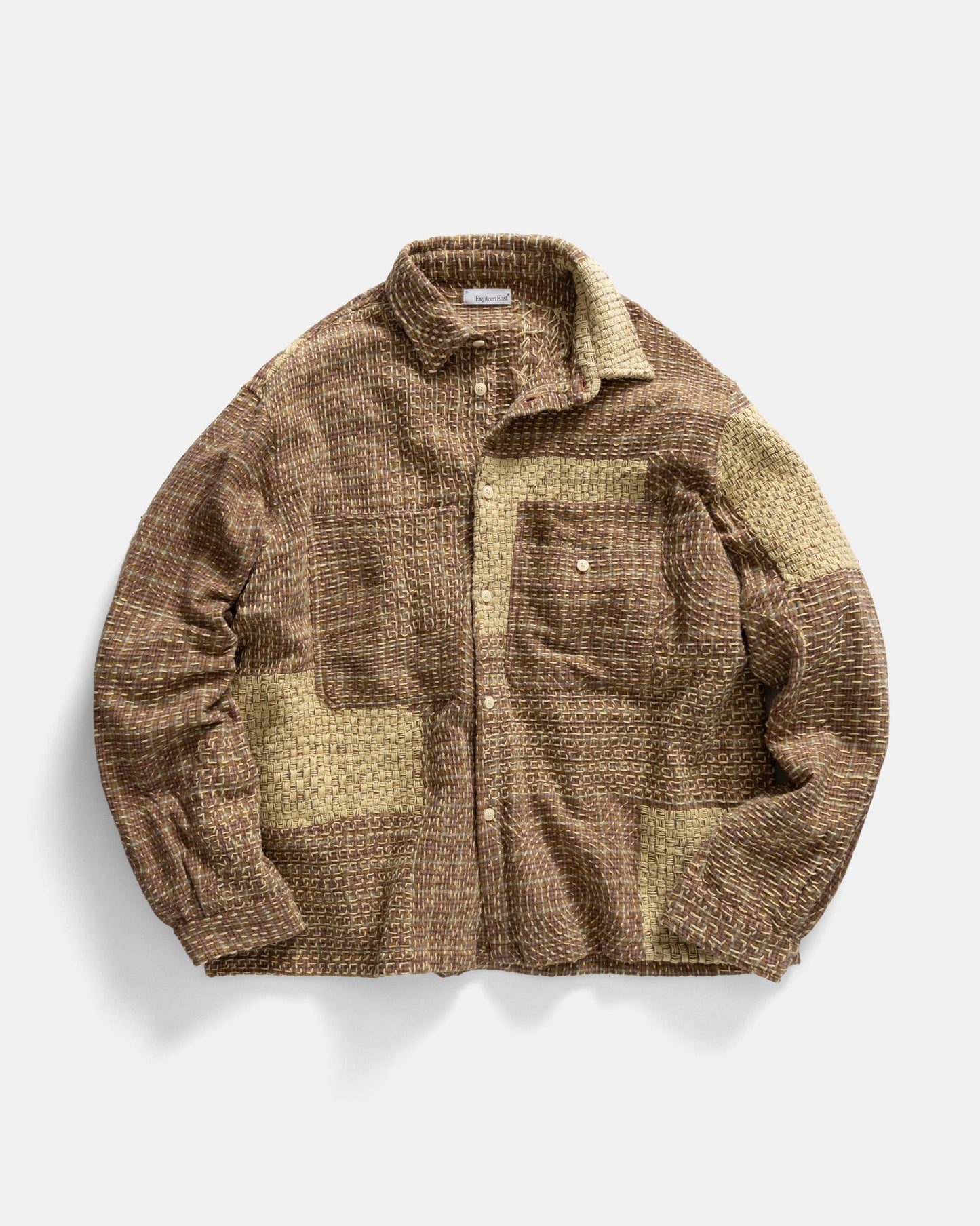 18 EAST PILCHUCK HAND-EMBROIDERED OVERSHIRT IN CLAY COTTON FLANNEL WITH KANTHA STITCHING