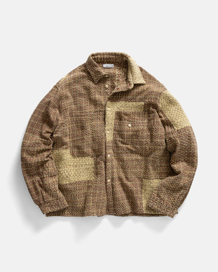 18 EAST PILCHUCK HAND-EMBROIDERED OVERSHIRT IN CLAY COTTON FLANNEL WITH KANTHA STITCHING
