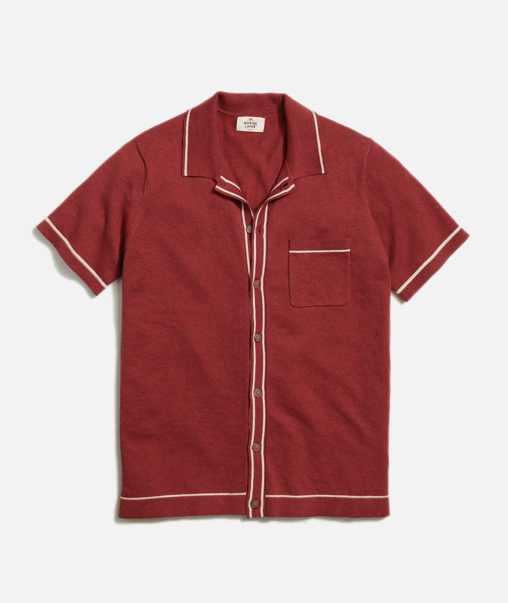 MARINE LAYER WYATT TIPPED SWEATER BUTTON DOWN IN CHILI in CHILI — main product view