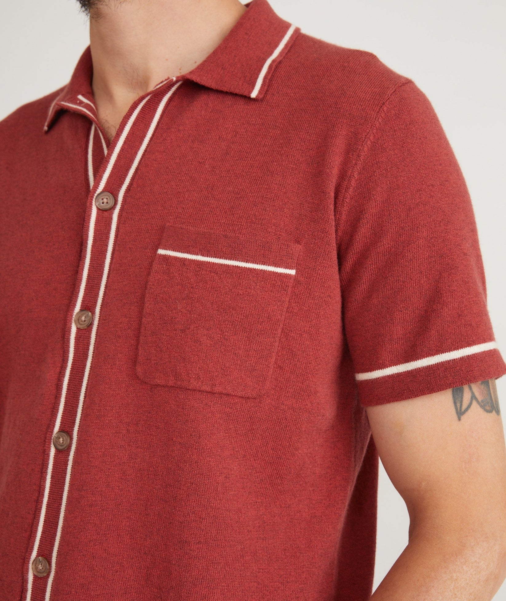 MARINE LAYER WYATT TIPPED SWEATER BUTTON DOWN IN CHILI in CHILI — view 3