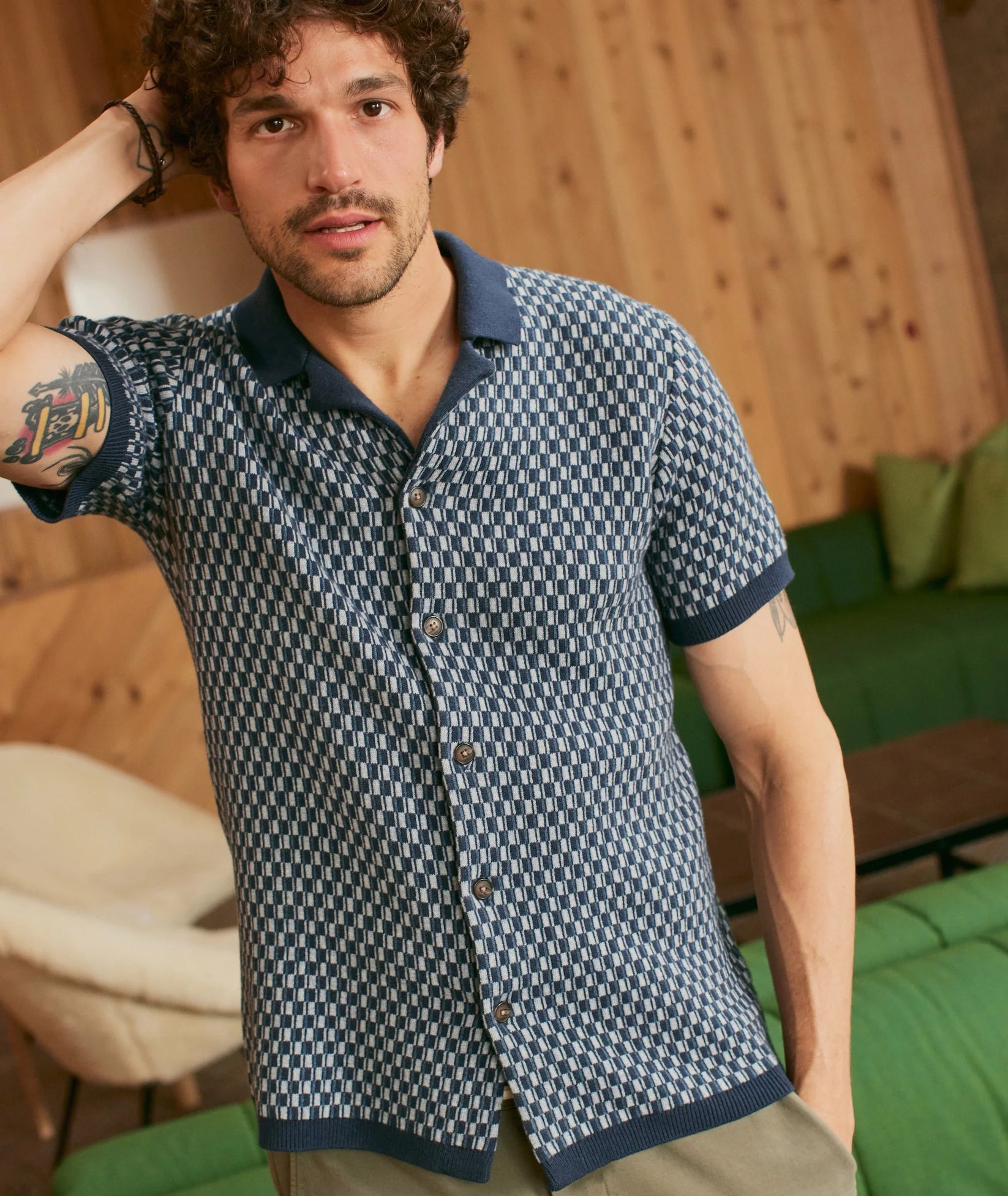 MARINE LAYER ASHER PRINT SWEATER BUTTON DOWN IN BLUE GEO in BLUE GEO — view 2