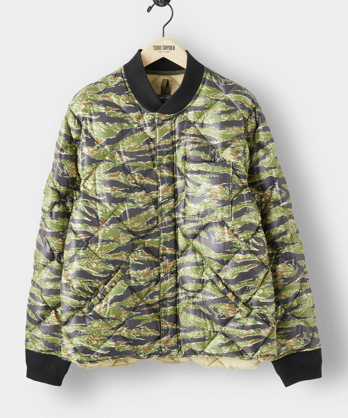 TODD SNYDER JAPANESE QUILTED DOWN SNAP BOMBER JACKET IN TIGER CAMO in TIGER CAMO — main product view