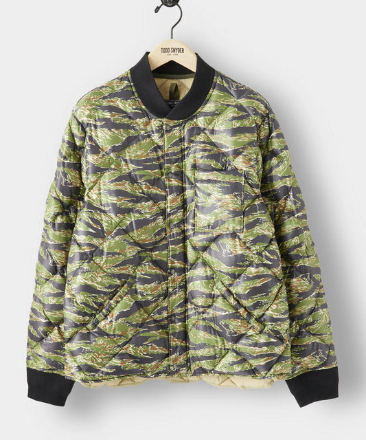 TODD SNYDER JAPANESE QUILTED DOWN SNAP BOMBER JACKET IN TIGER CAMO