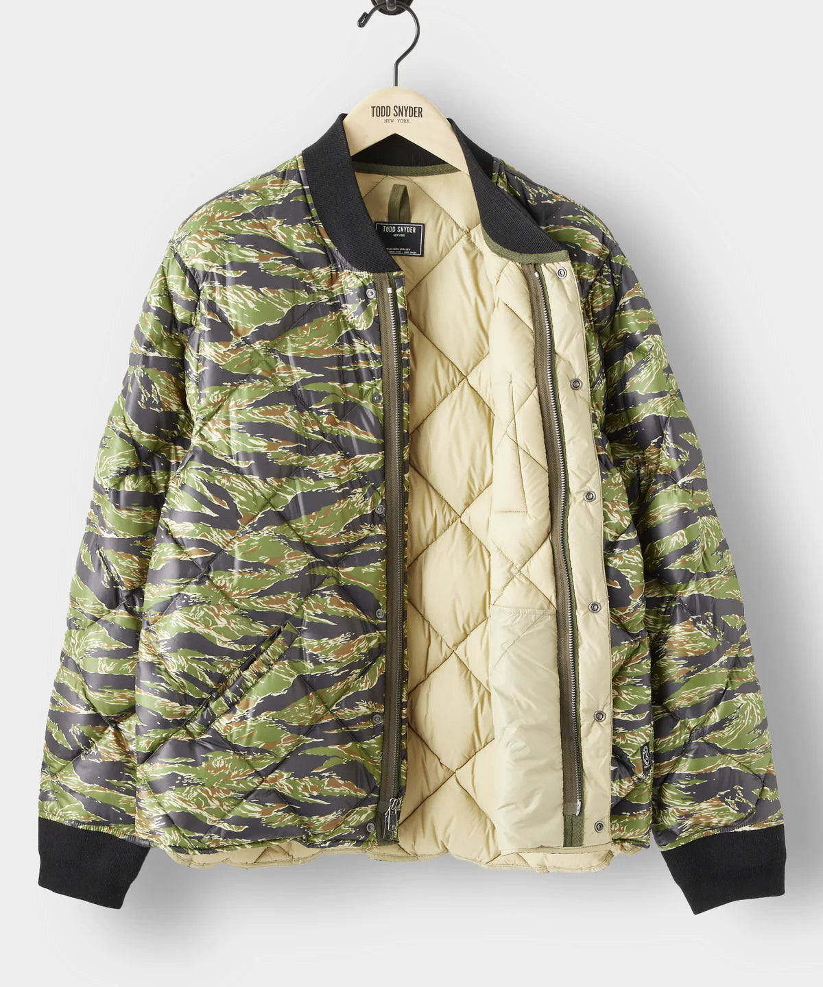 TODD SNYDER JAPANESE QUILTED DOWN SNAP BOMBER JACKET IN TIGER CAMO in TIGER CAMO — view 2