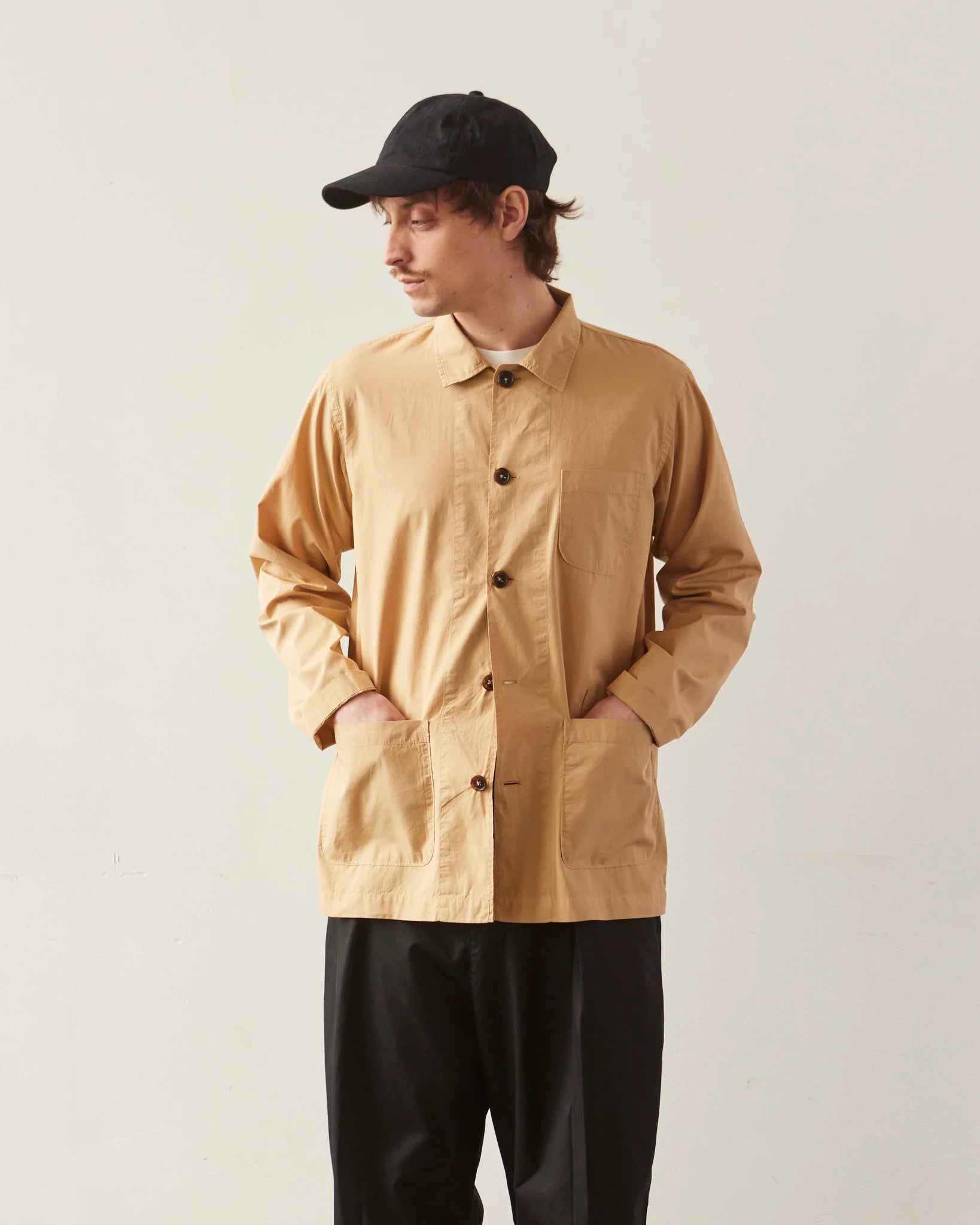 UNIVERSAL WORKS BAKER’S ORGANIC POPLIN OVERSHIRT IN SAND in SAND — view 4