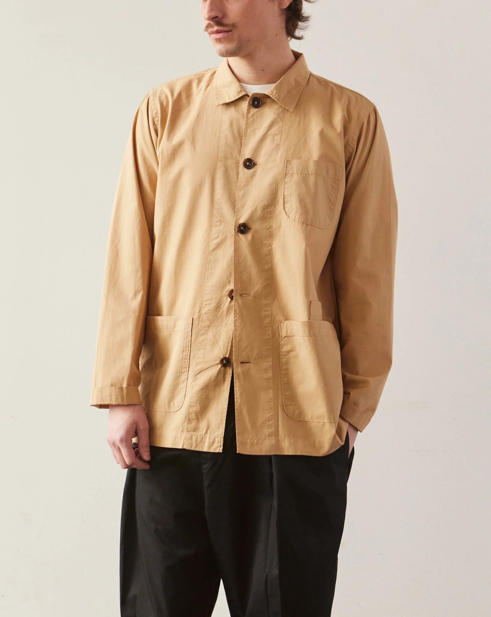 UNIVERSAL WORKS BAKER’S ORGANIC POPLIN OVERSHIRT IN SAND in SAND — view 8