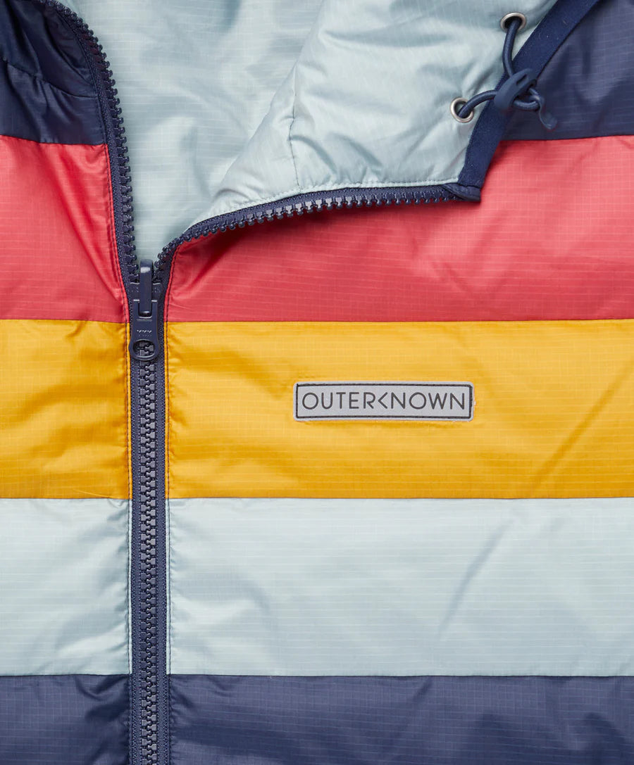 OUTERKNOWN CHROMATIC HOODED PUFFER IN MARINE RAINBOW