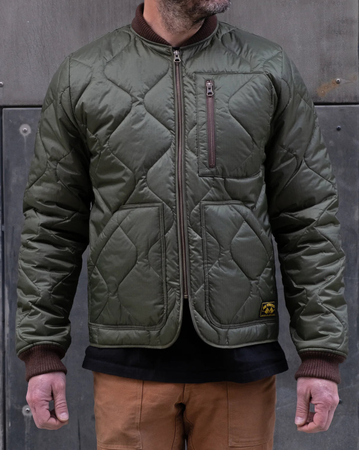 JANE MOTORCYCLES HUMBOLDT QUILTED LINER JACKET IN OLIVE in OLIVE — view 3