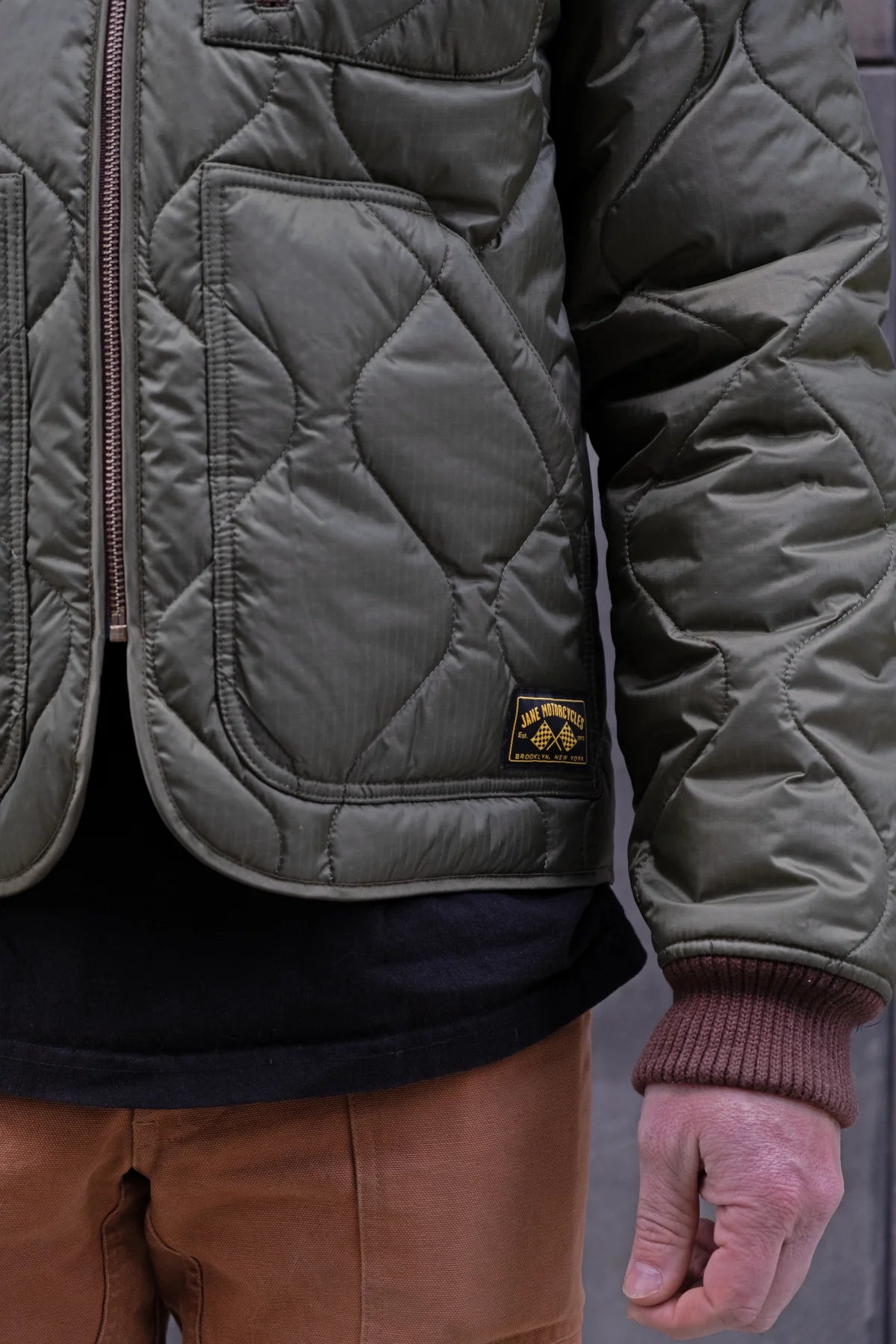 JANE MOTORCYCLES HUMBOLDT QUILTED LINER JACKET IN OLIVE in OLIVE — view 5