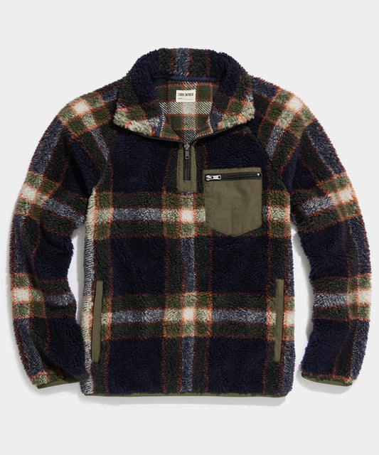 TODD SNYDER PLAID ADIRONDACK FLEECE HALF-ZIP MOCKNECK JACKET IN NAVY