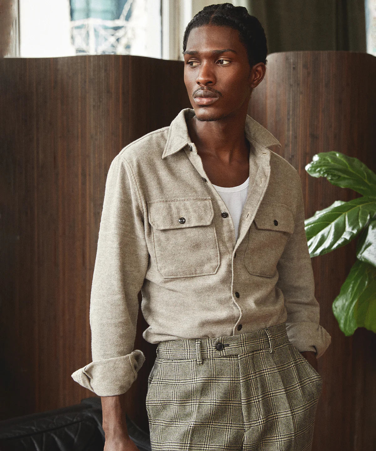TODD SNYDER TWO POCKET UTILITY LONG SLEEVE SHIRT IN KHAKI in KHAKI — view 2
