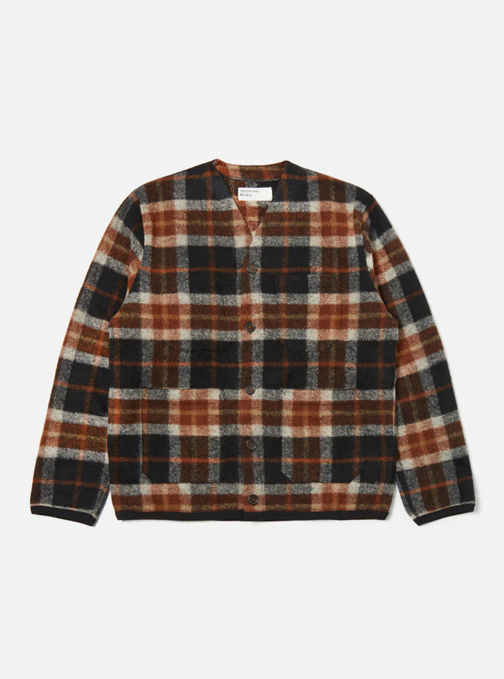 UNIVERSAL WORKS CARDIGAN IN BROWN BRITISH CHECK FLEECE