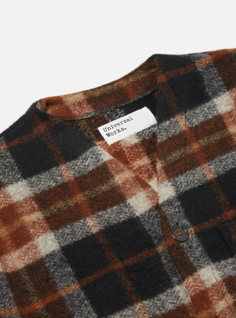UNIVERSAL WORKS CARDIGAN IN BROWN BRITISH CHECK FLEECE in BROWN BRITISH CHECK FLEECE — view 3