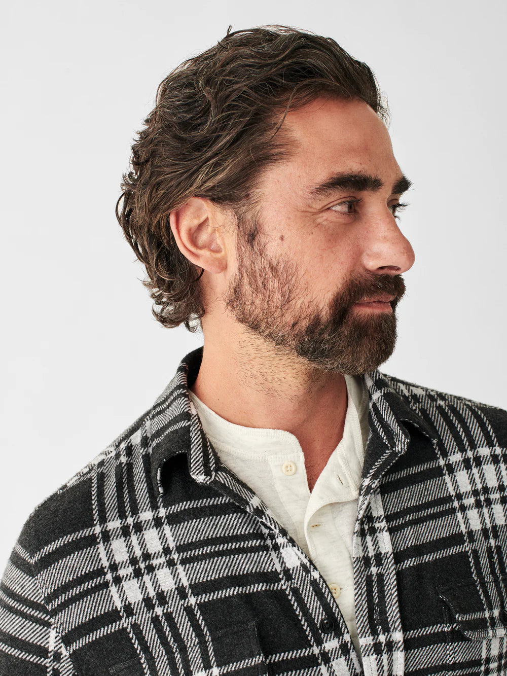 FAHERTY SWEATER SHIRT IN CHARCOAL BONE PLAID