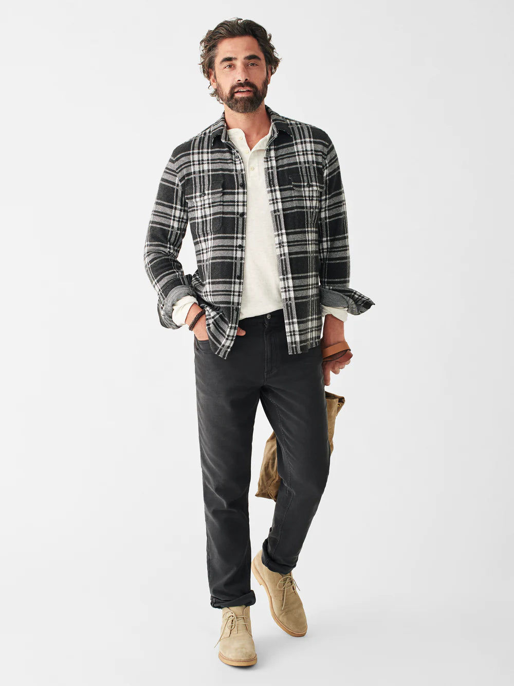 FAHERTY SWEATER SHIRT IN CHARCOAL BONE PLAID