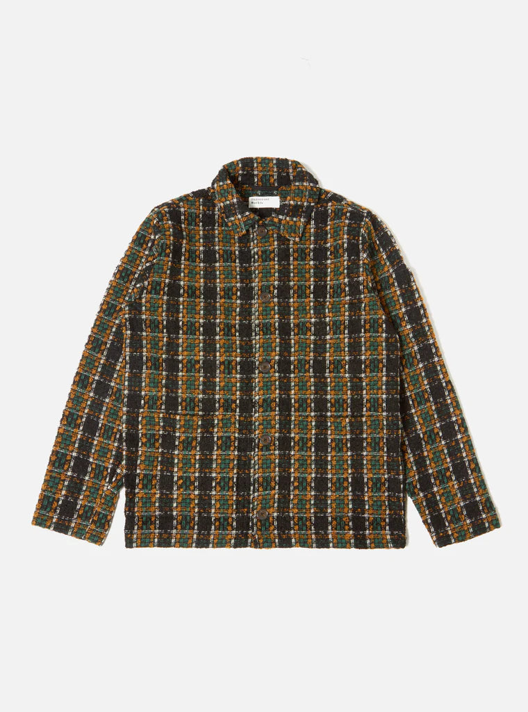 UNIVERSAL WORKS COVERALL JACKET IN CHARCOAL CRAZY CHECK WOOL MIX