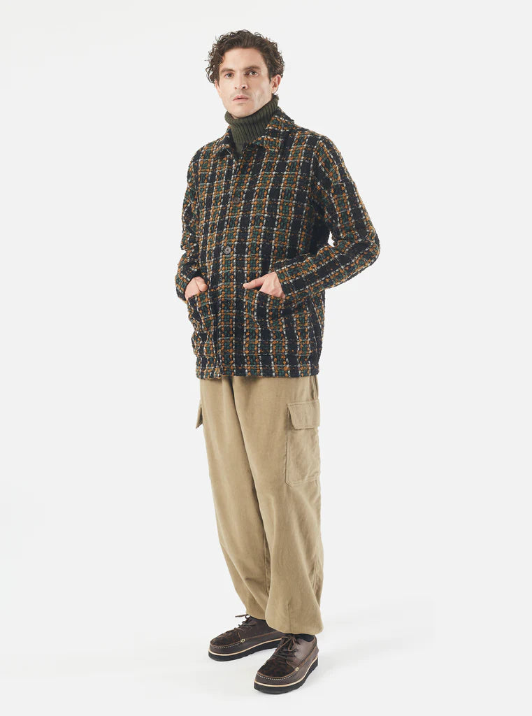 UNIVERSAL WORKS COVERALL JACKET IN CHARCOAL CRAZY CHECK WOOL MIX