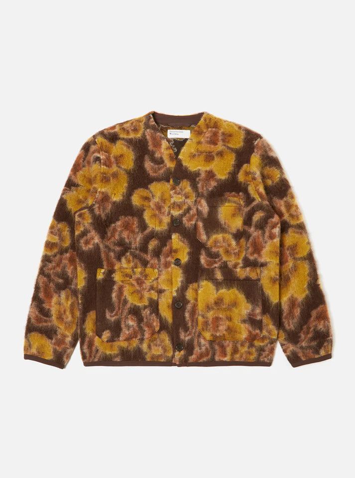 UNIVERSAL WORKS CARDIGAN IN BROWN FLOWER FLEECE