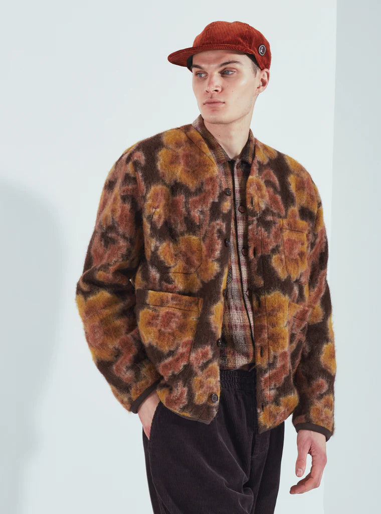 UNIVERSAL WORKS CARDIGAN IN BROWN FLOWER FLEECE in BROWN FLOWER FLEECE — view 3
