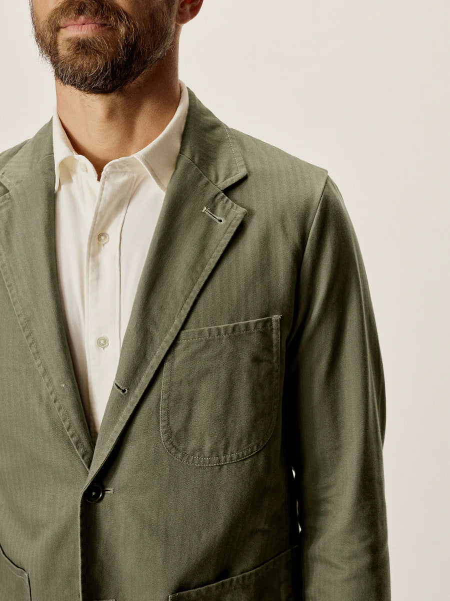 BUCK MASON HERRINGBONE TWILL CARRY-ON JACKET IN FATIGUE DUSTY OLIVE