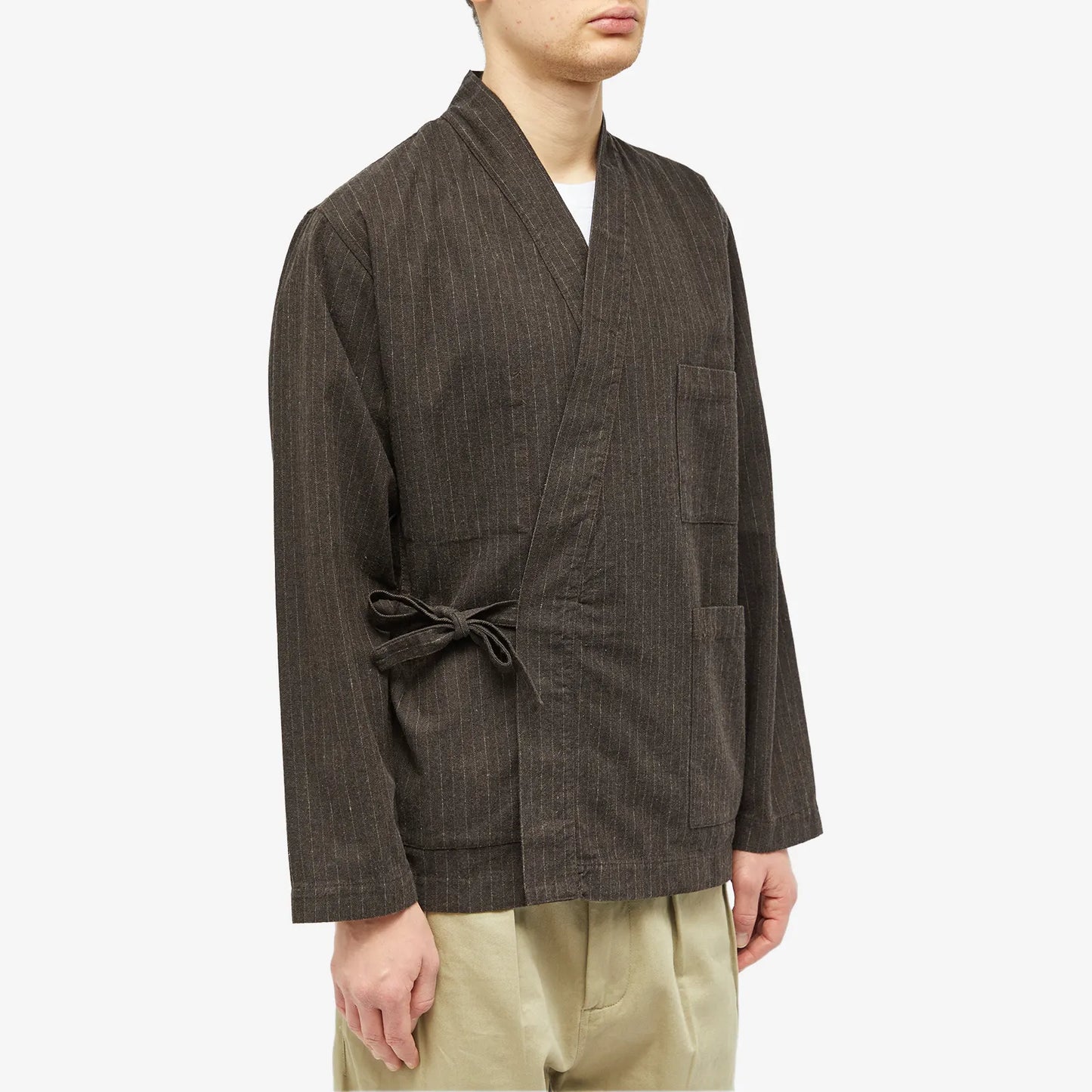 UNIVERSAL WORKS ITALIAN PINSTRIPE KYOTO WORK JACKET IN BROWN