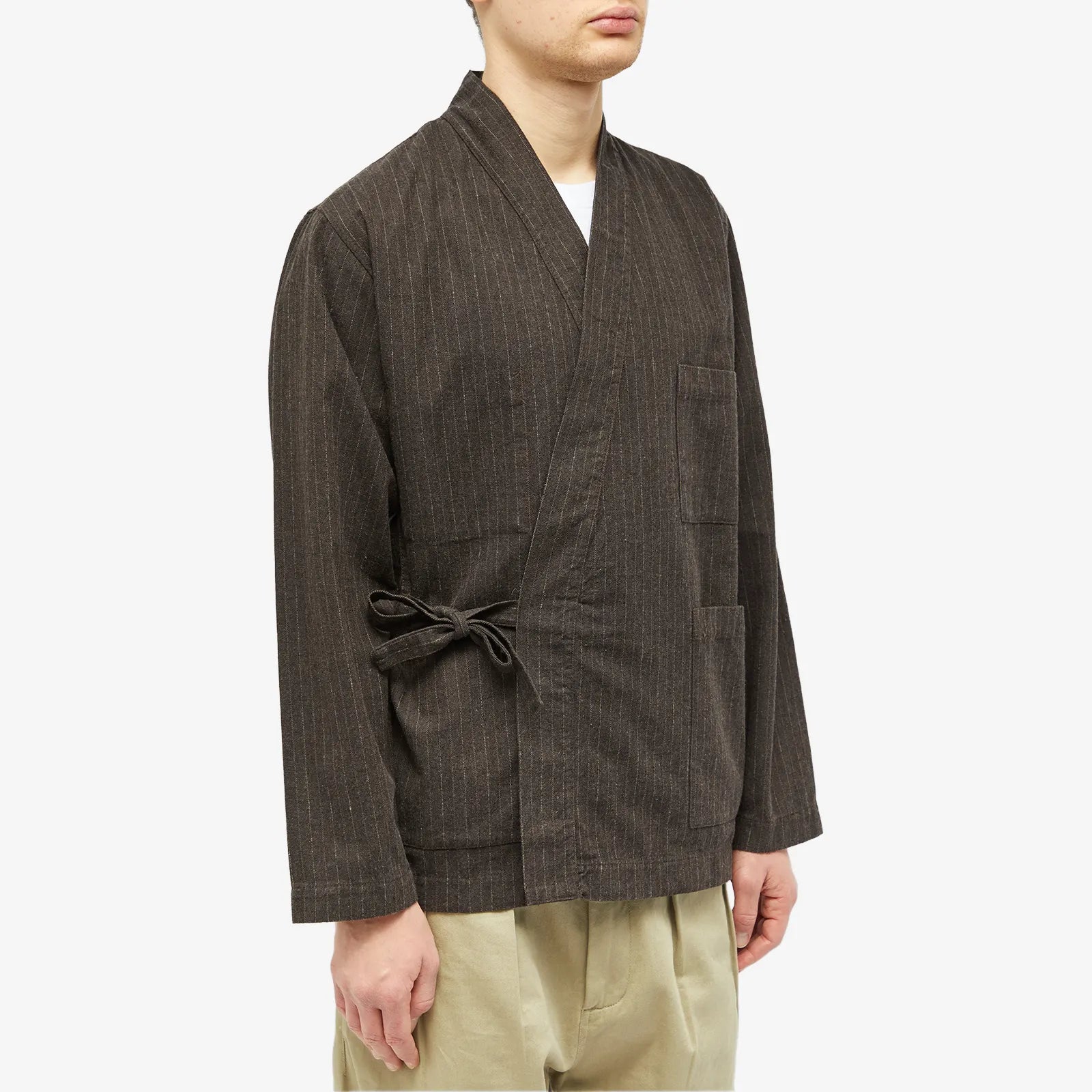UNIVERSAL WORKS ITALIAN PINSTRIPE KYOTO WORK JACKET IN BROWN in BROWN — view 2