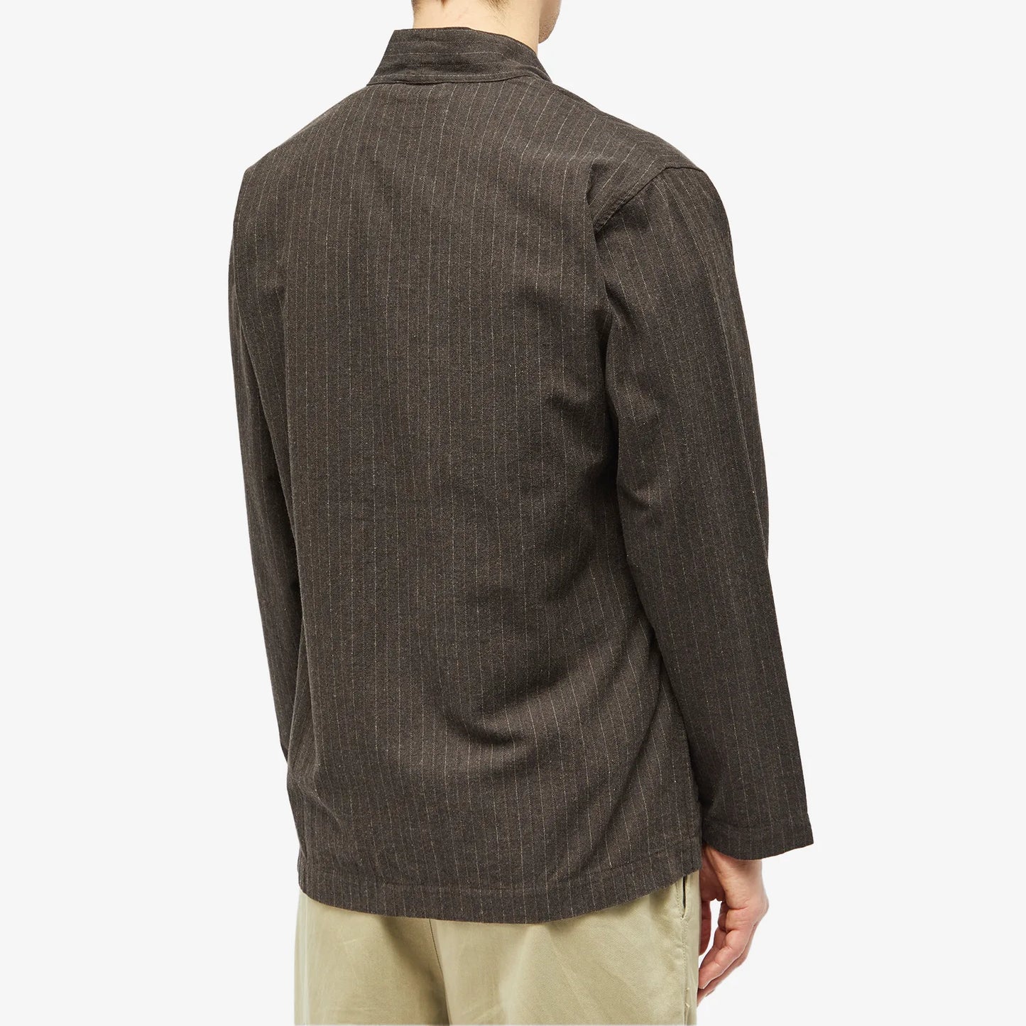 UNIVERSAL WORKS ITALIAN PINSTRIPE KYOTO WORK JACKET IN BROWN