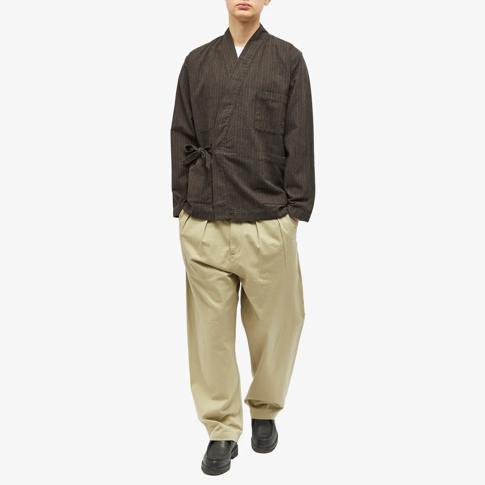 UNIVERSAL WORKS ITALIAN PINSTRIPE KYOTO WORK JACKET IN BROWN in BROWN — view 4