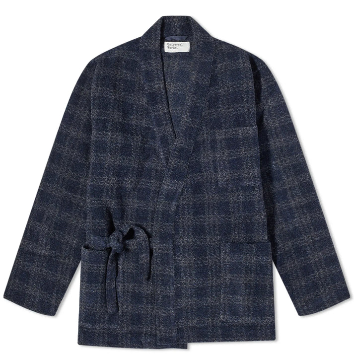 UNIVERSAL WORKS CHECK WOOL FLEECE KYOTO WORK JACKET IN NAVY