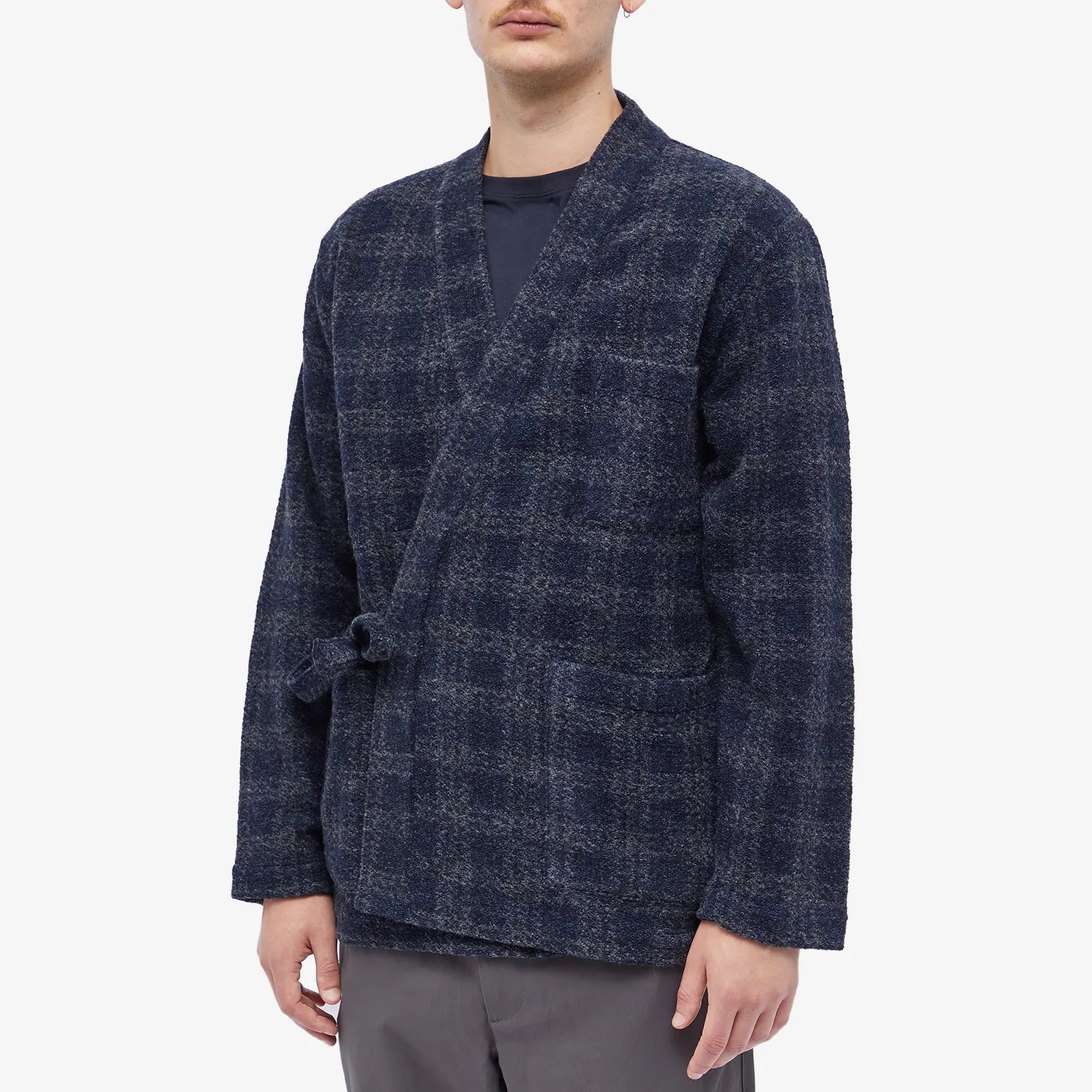 UNIVERSAL WORKS CHECK WOOL FLEECE KYOTO WORK JACKET IN NAVY in NAVY — view 2
