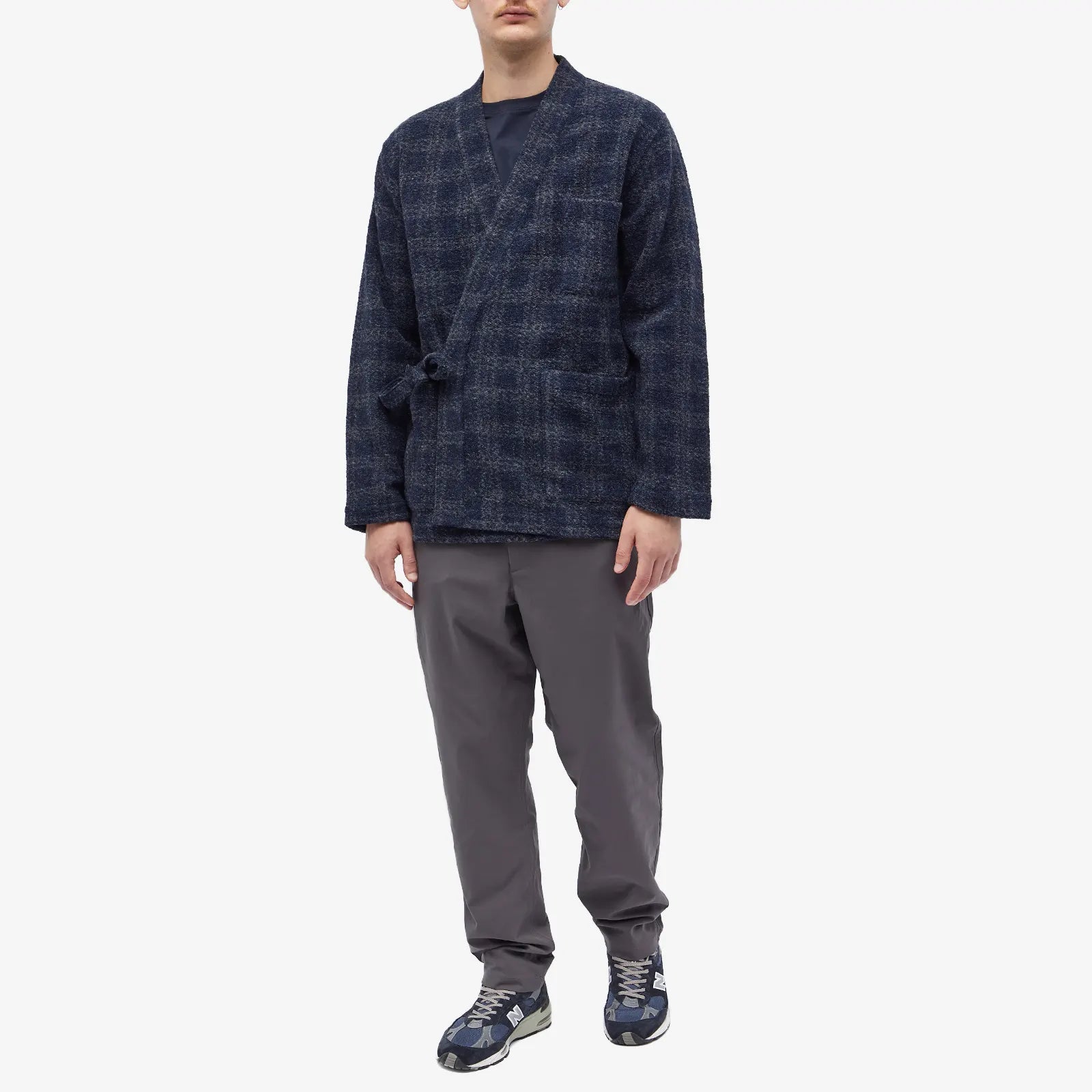 UNIVERSAL WORKS CHECK WOOL FLEECE KYOTO WORK JACKET IN NAVY in NAVY — view 4