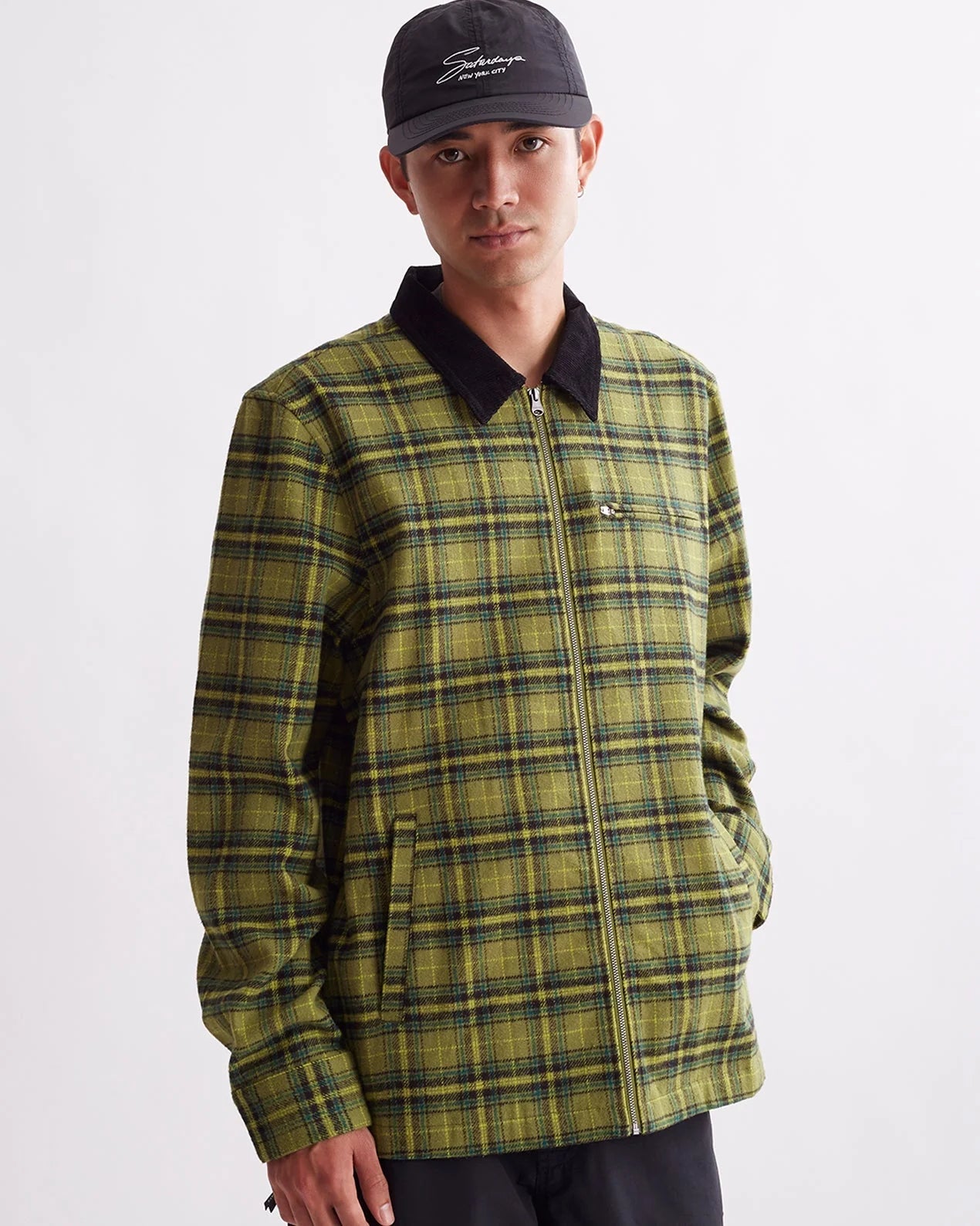 SATURDAYS NYC RYAN ZIP FRONT FLANNEL SHIRT IN MAYFLY