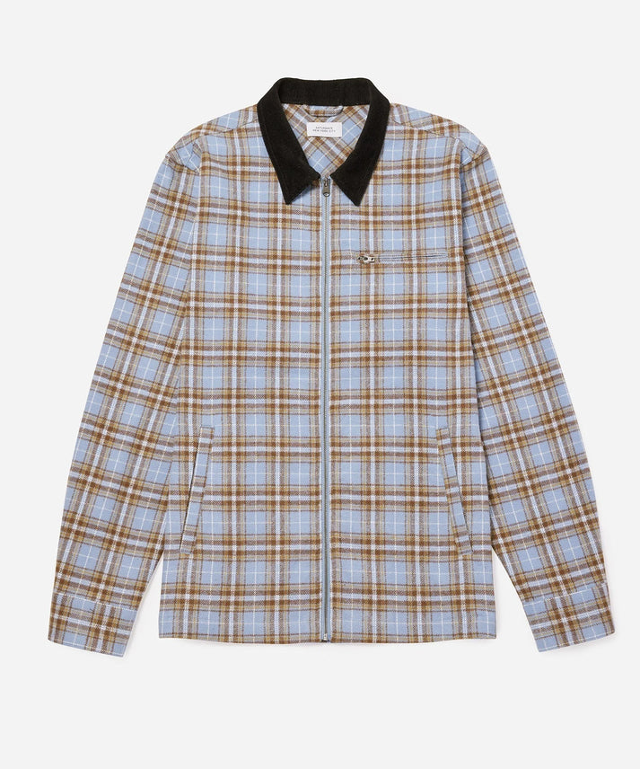 SATURDAYS NYC RYAN ZIP FRONT FLANNEL SHIRT IN FOREVER BLUE