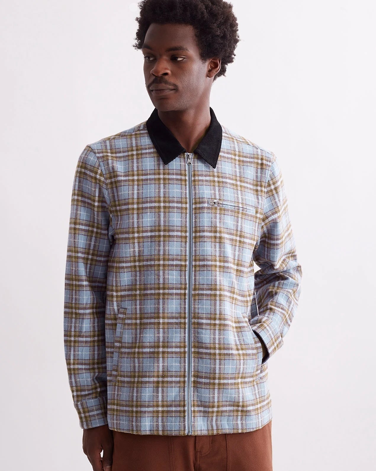 SATURDAYS NYC RYAN ZIP FRONT FLANNEL SHIRT IN FOREVER BLUE