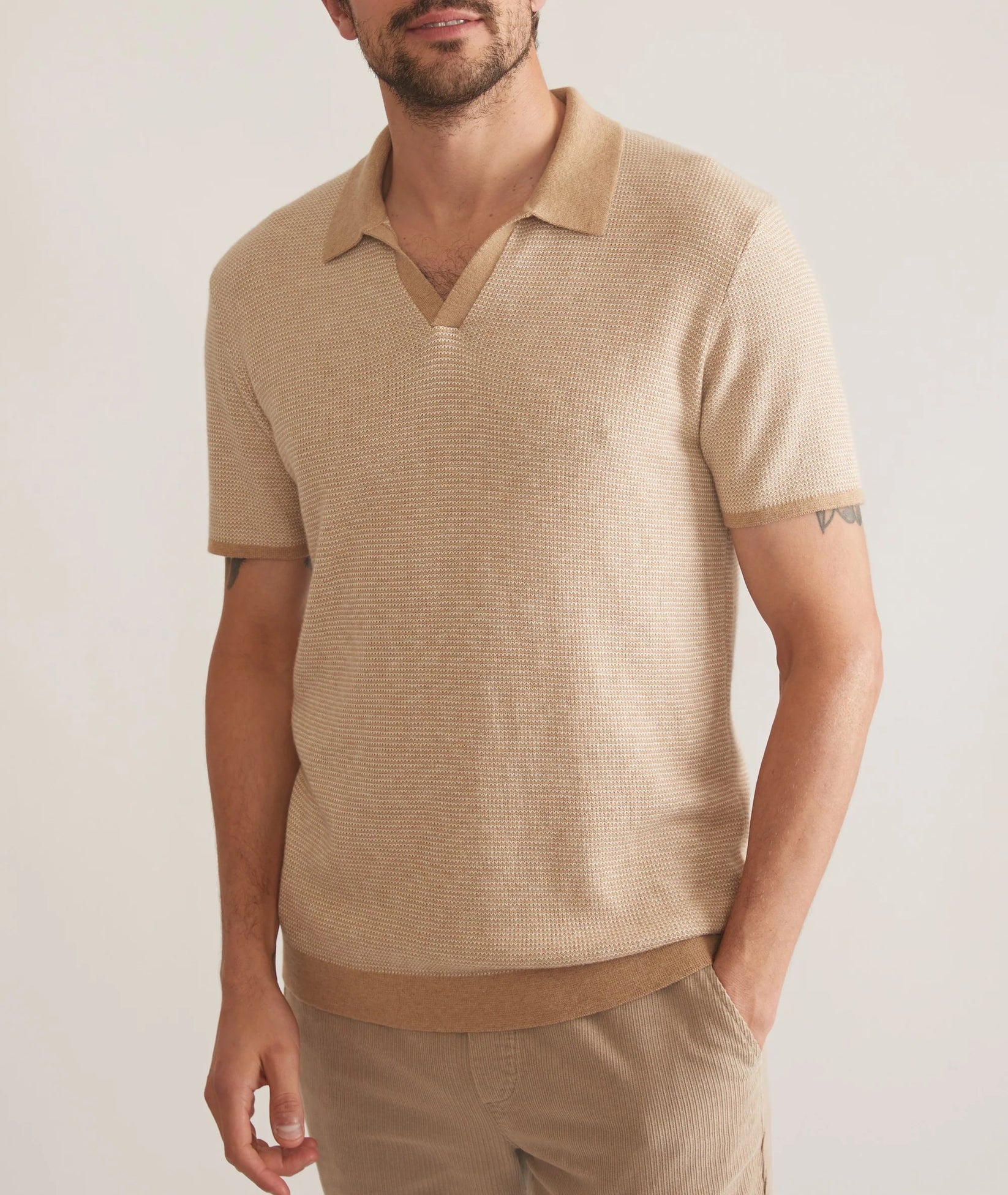 MARINE LAYER LIAM SWEATER POLO IN SABLE AND IVORY in SABLE AND IVORY — view 3