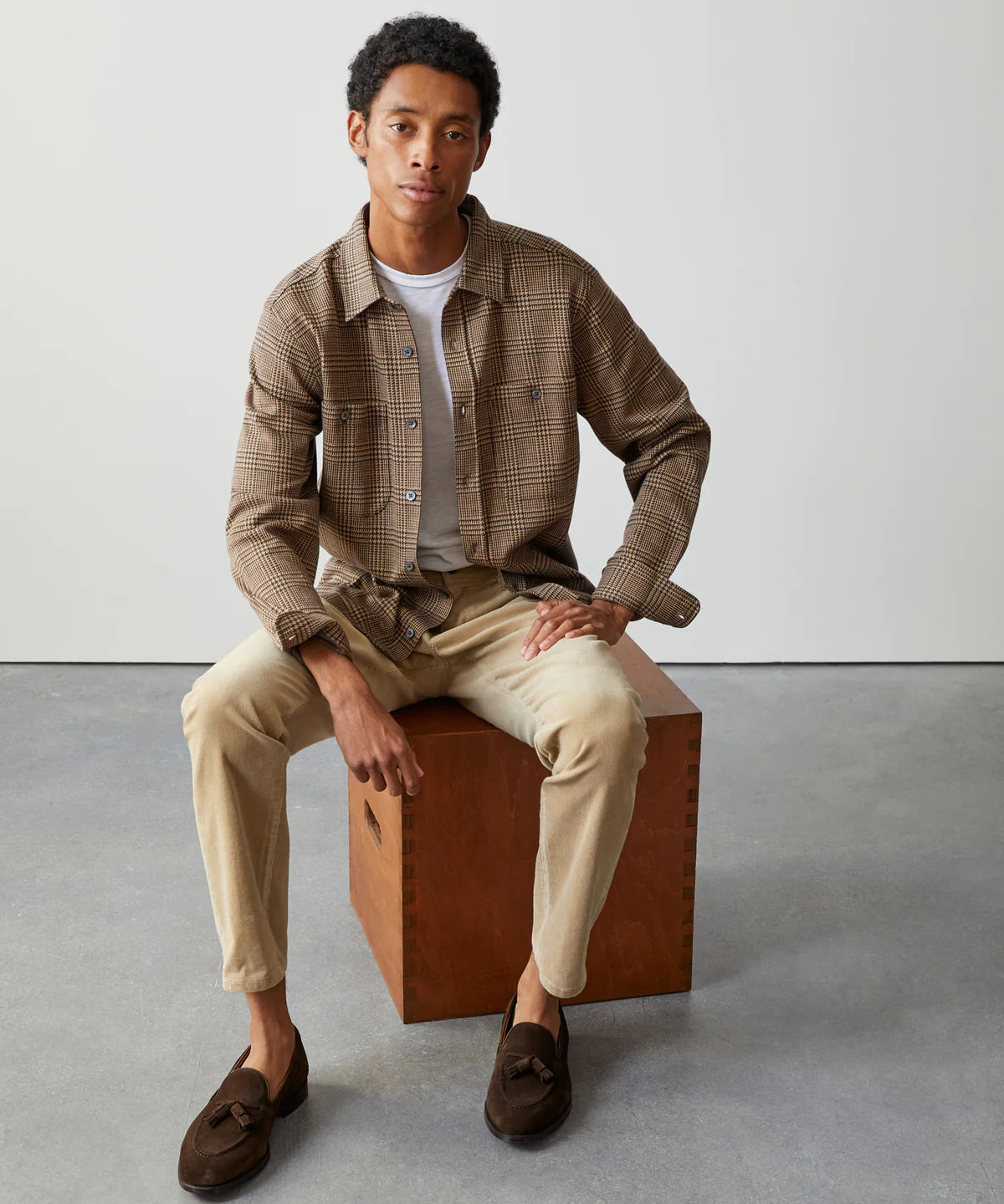 TODD SNYDER LONG-SLEEVE GLEN PLAID DOUBLE KNIT POLO IN GLAZED PECAN in GLAZED PECAN — view 3