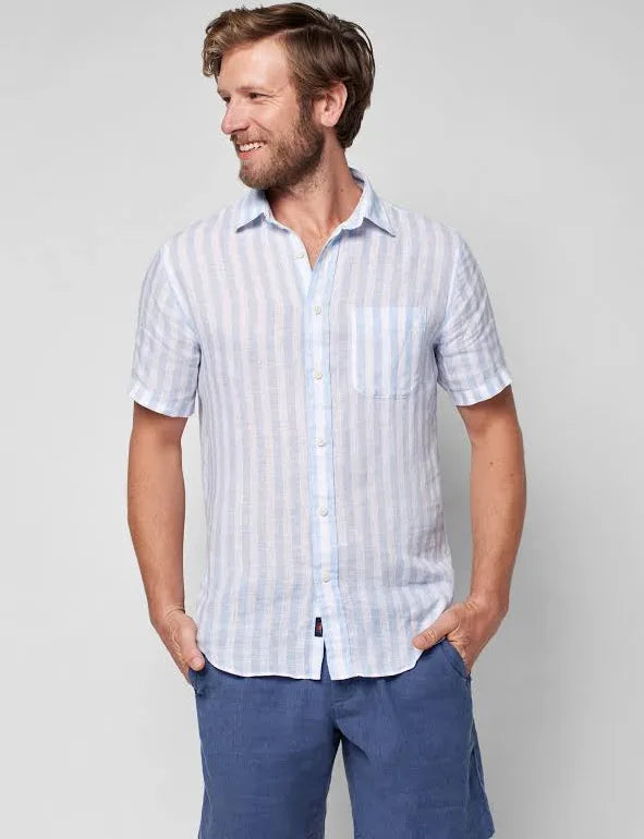 FAHERTY SHORT-SLEEVE LINEN LAGUNA SHIRT IN WHITE AND BLUE STRIPE in WHITE AND BLUE STRIPE — main product view