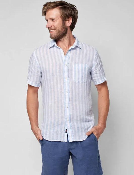 FAHERTY SHORT-SLEEVE LINEN LAGUNA SHIRT IN WHITE AND BLUE STRIPE