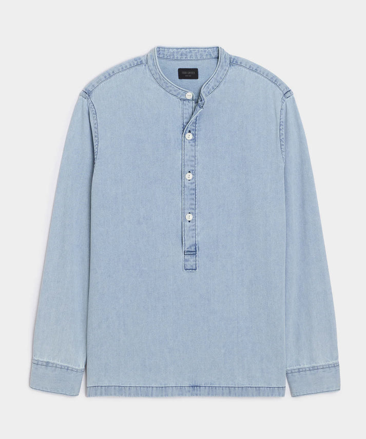 TODD SNYDER DENIM BAND COLLAR SHIRT IN BLEACHED INDIGO
