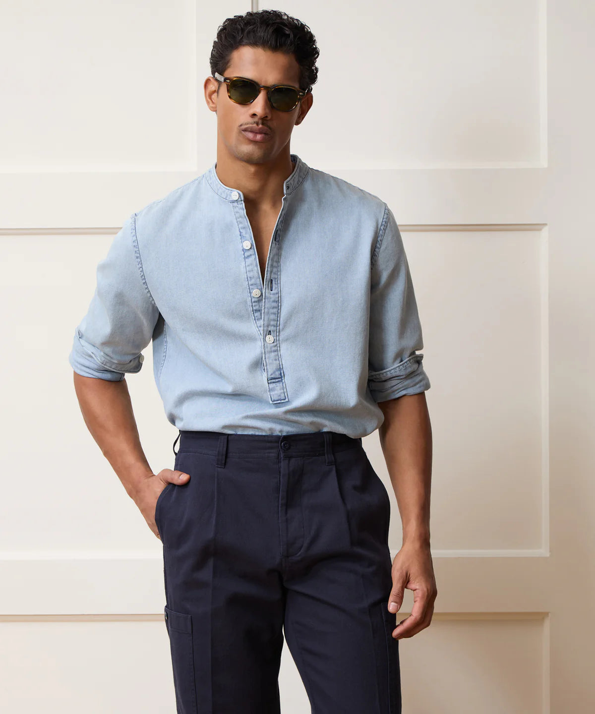 TODD SNYDER DENIM BAND COLLAR SHIRT IN BLEACHED INDIGO in BLEACHED INDIGO — view 2