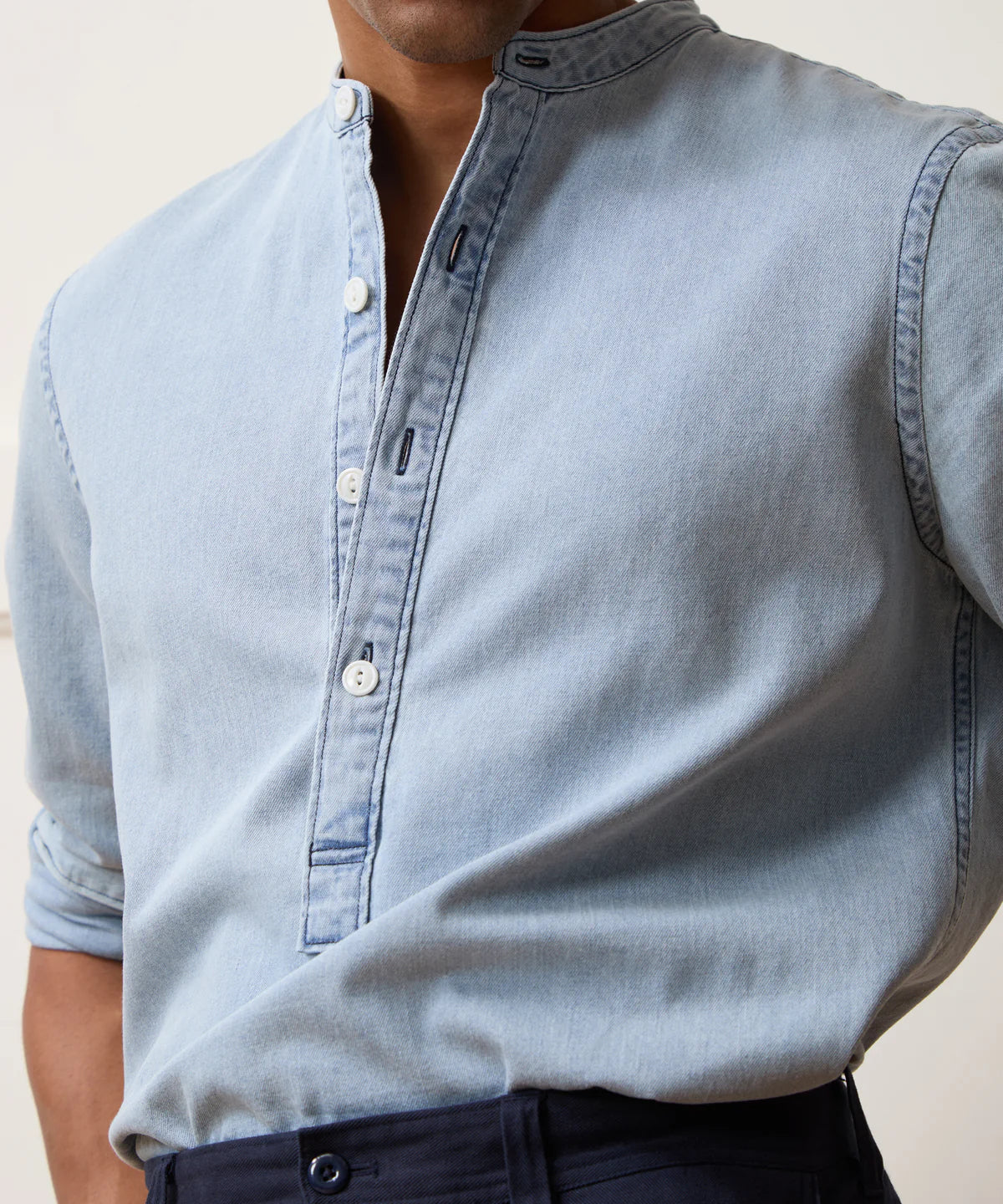 TODD SNYDER DENIM BAND COLLAR SHIRT IN BLEACHED INDIGO in BLEACHED INDIGO — view 3