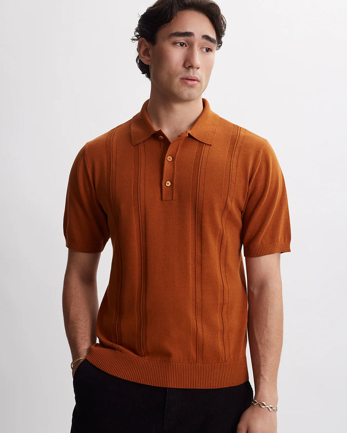 SATURDAYS NYC JAHMAD KNIT POLO IN CARAMEL