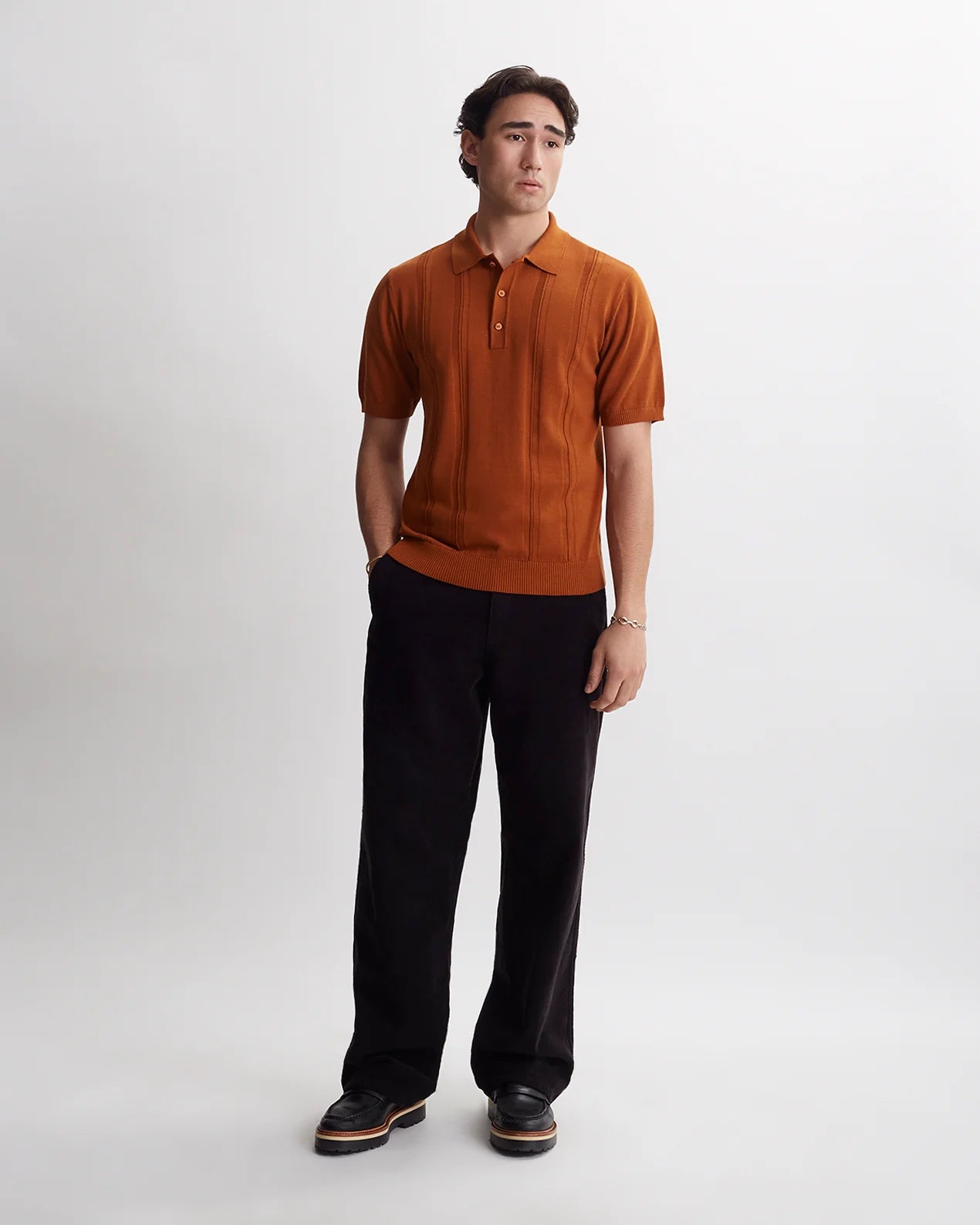 SATURDAYS NYC JAHMAD KNIT POLO IN CARAMEL in CARAMEL — view 4