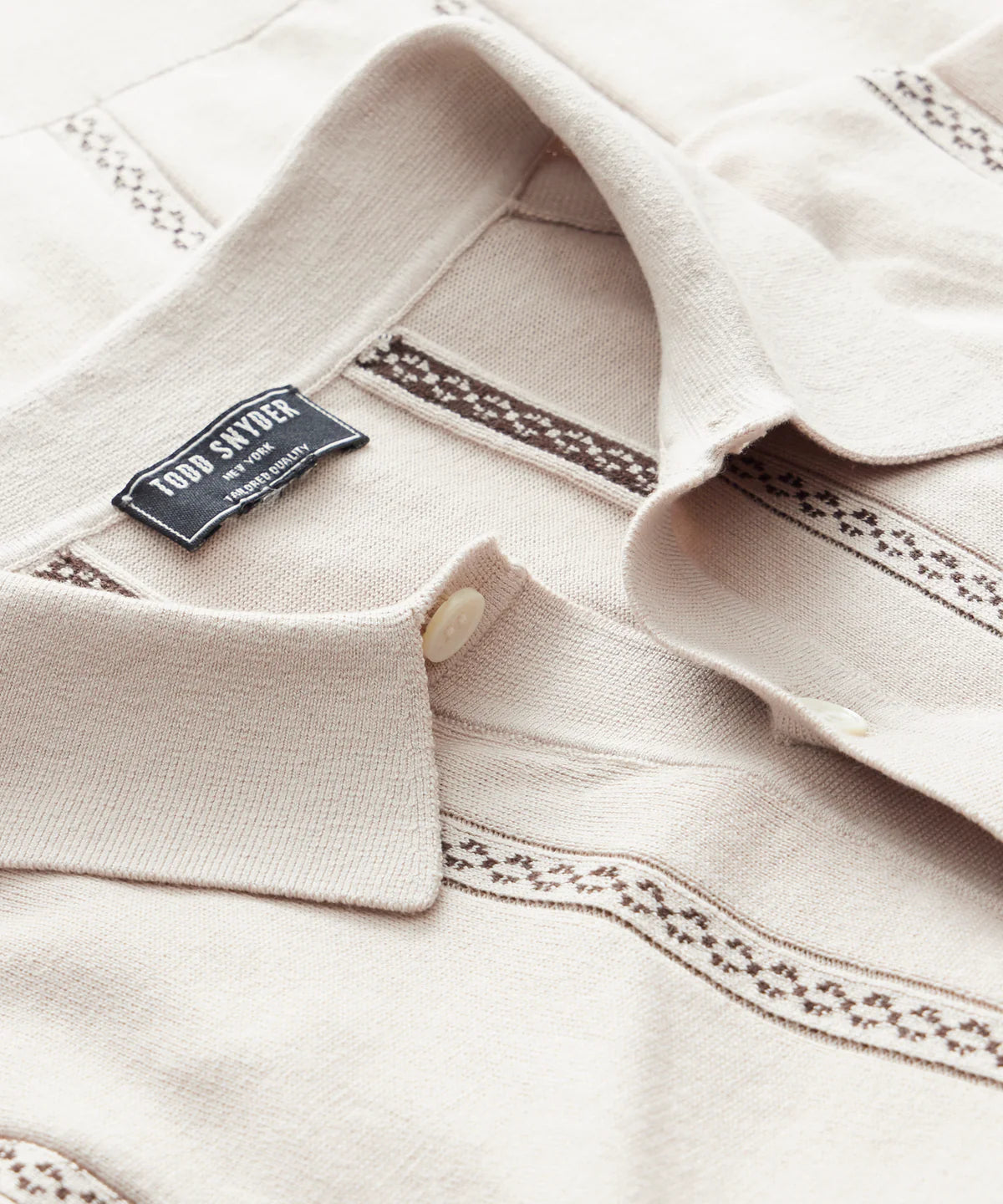 TODD SNYDER DECO STRIPE SHORT-SLEEVE SWEATER POLO IN DESERT BEIGE in DESERT BEIGE — view 5