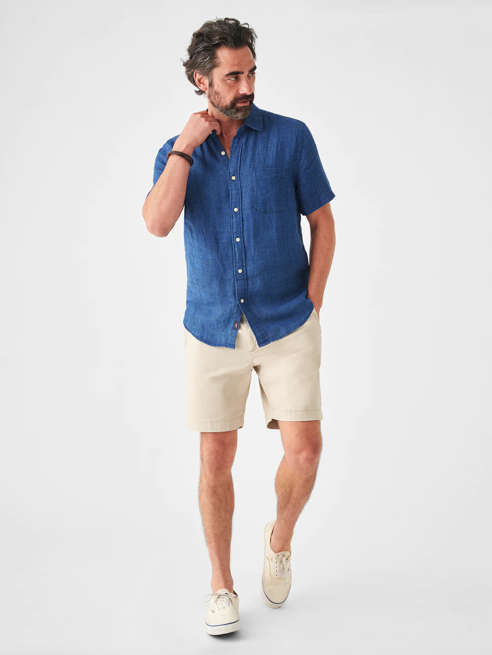 FAHERTY SHORT-SLEEVE LINEN LAGUNA SHIRT IN INDIGO BASKETWEAVE in INDIGO BASKETWEAVE — main product view
