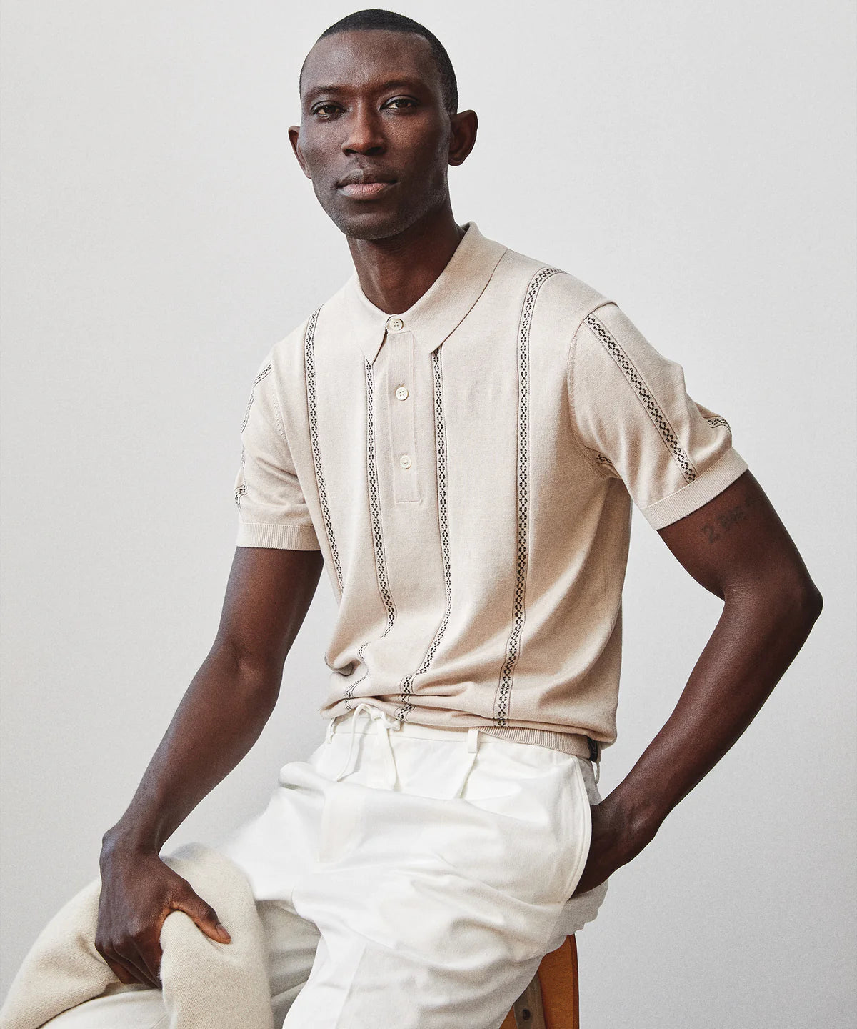TODD SNYDER DECO STRIPE SHORT-SLEEVE SWEATER POLO IN DESERT BEIGE in DESERT BEIGE — view 4