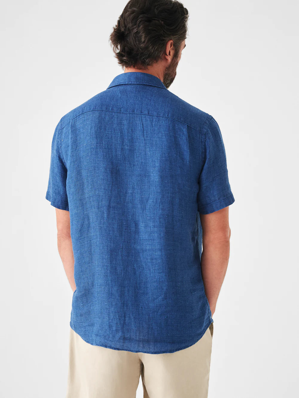 FAHERTY SHORT-SLEEVE LINEN LAGUNA SHIRT IN INDIGO BASKETWEAVE in INDIGO BASKETWEAVE — view 3