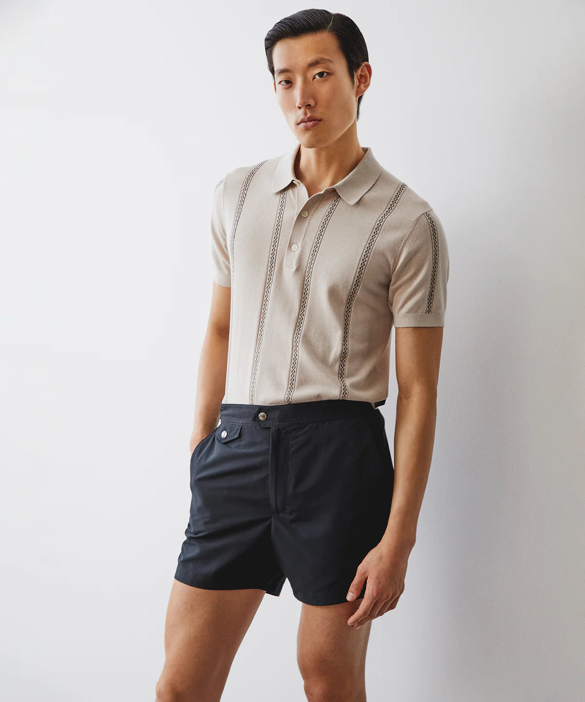 TODD SNYDER DECO STRIPE SHORT-SLEEVE SWEATER POLO IN DESERT BEIGE in DESERT BEIGE — view 3