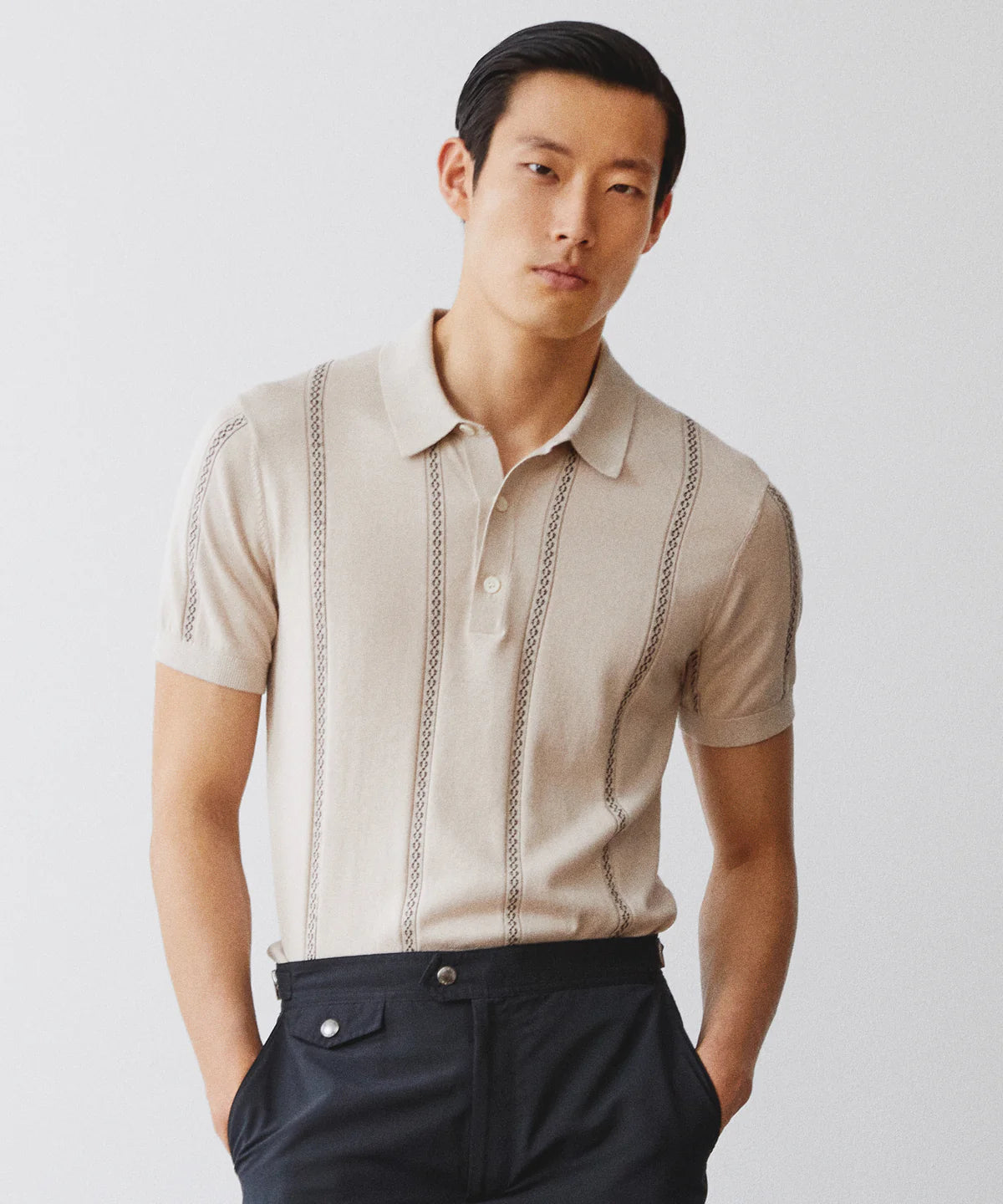 TODD SNYDER DECO STRIPE SHORT-SLEEVE SWEATER POLO IN DESERT BEIGE in DESERT BEIGE — view 2